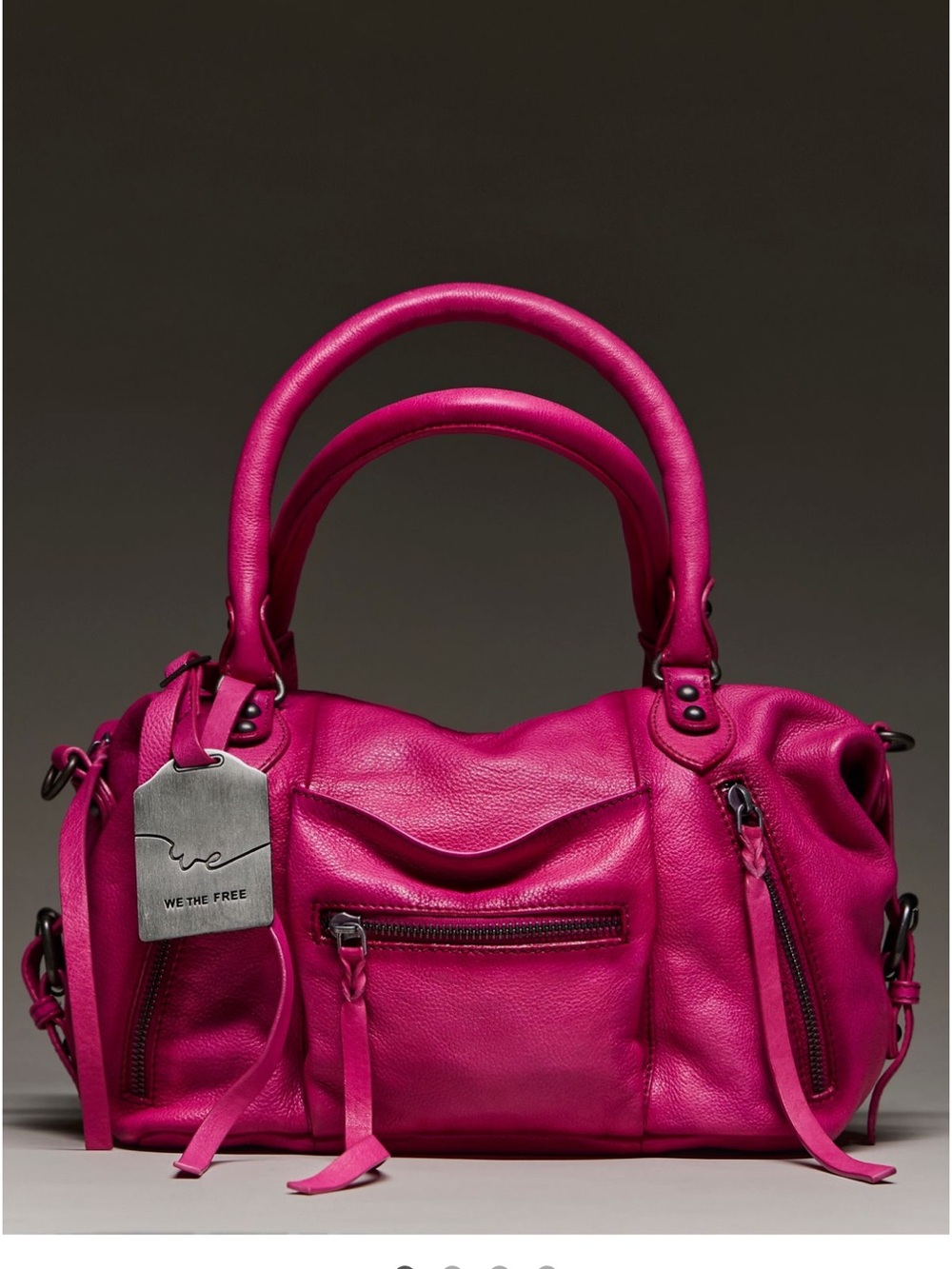 We The Free Fuchsia Leather Satchel baby Emerson tote in very Berry  pink. NWT